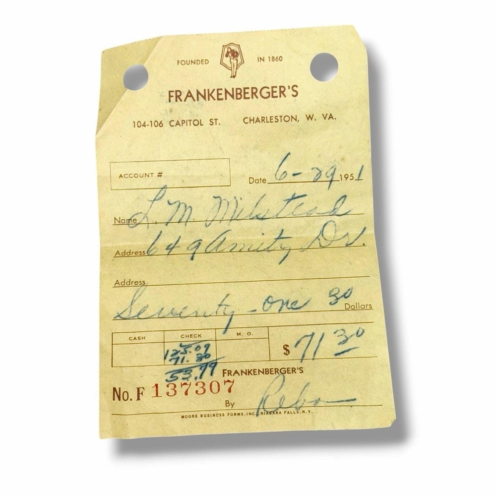 Frankenbergers Clothing Vintage Receipt Charleston West Virginia 6-29-1951 EBX